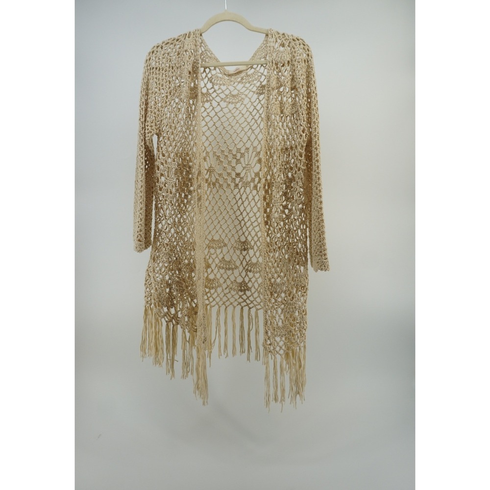 Open knit Crochet Cardigan Hippie Boho Festival Fringe Cream OS